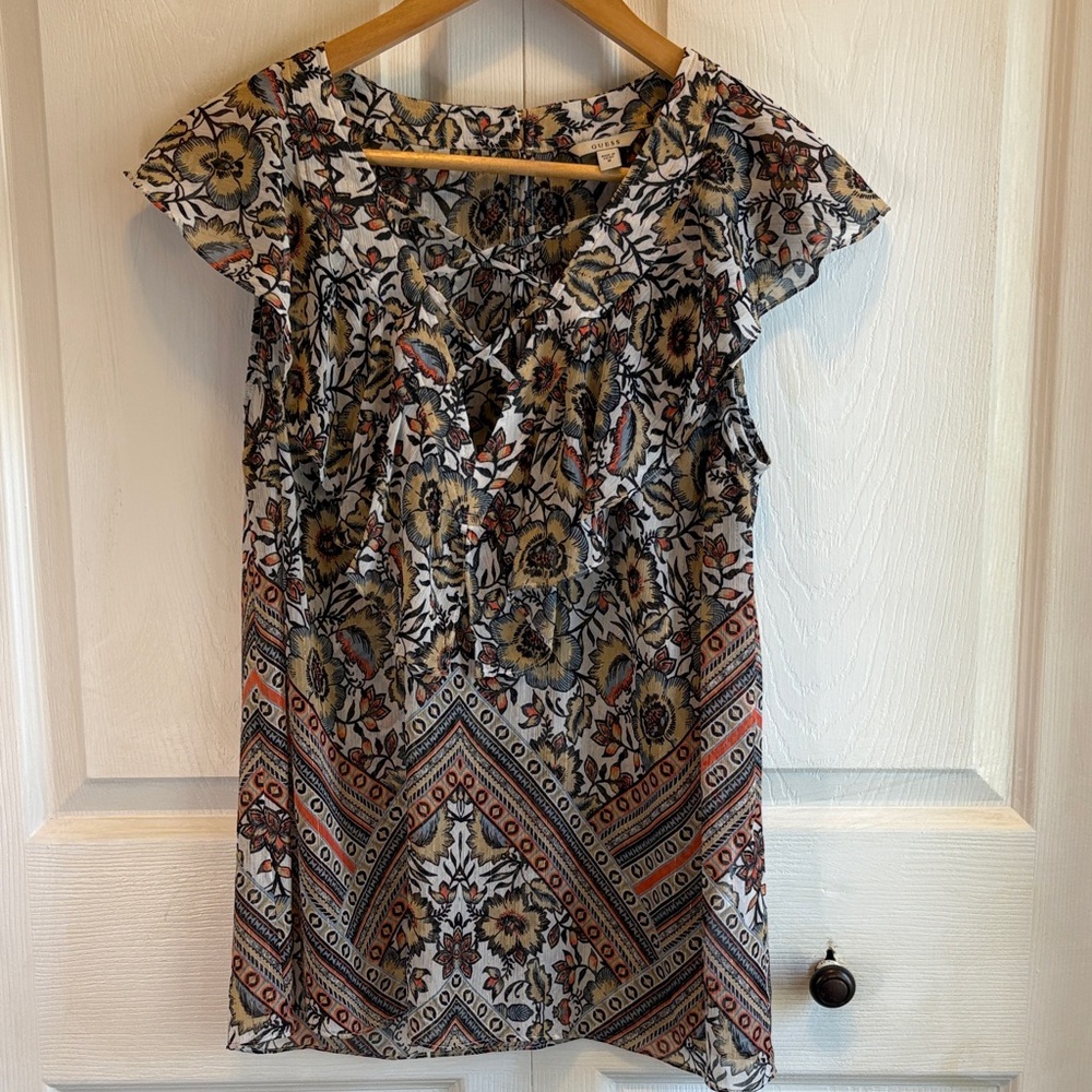 GUESS Floral Boho Lace Up V-Neck Flutter Sleeve Metallic Stripe Blouse Medium